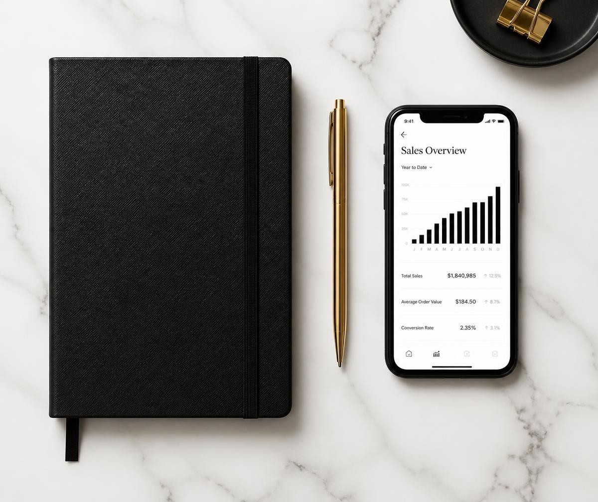 Libreta, pluma dorada y celular mostrando el resumen de ventas de un negocio