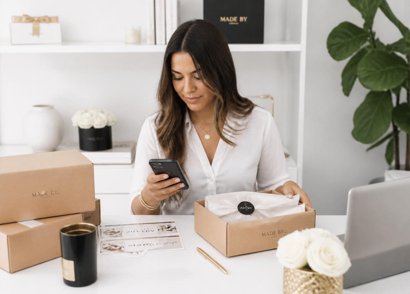 Emprendedora preparando pedidos y atendiendo ventas desde redes sociales