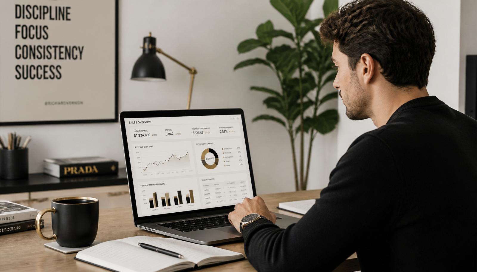 Emprendedor analizando los resultados de venta de su negocio